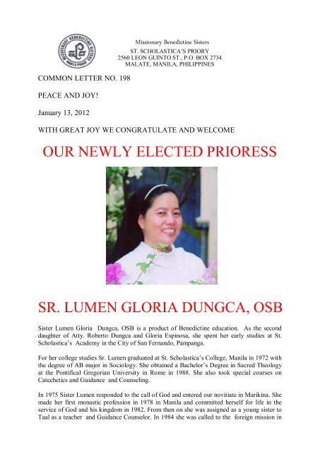 our newly elected prioress sr. lumen gloria dungca, osb