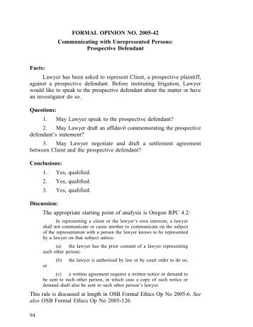 2005-42: Communicating with Unrepresented ... - Oregon State Bar