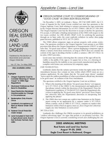 OREGON REAL ESTATE AND LAND USE DIGEST - Oregon State Bar