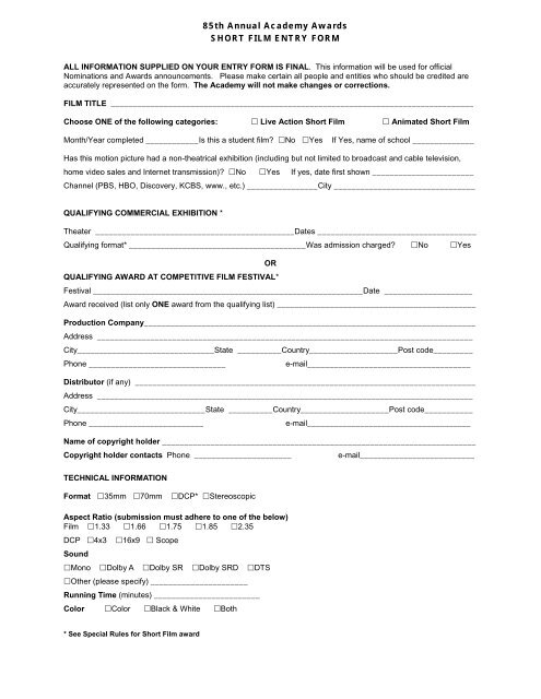 Short Film Entry Form Academy Of Motion Picture Arts And Sciences
