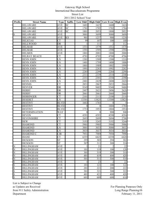 Gateway High School Street Directory for Eligible Students enrolled ...