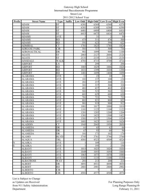 Gateway High School Street Directory for Eligible Students enrolled ...