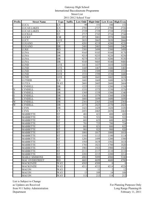 Gateway High School Street Directory for Eligible Students enrolled ...