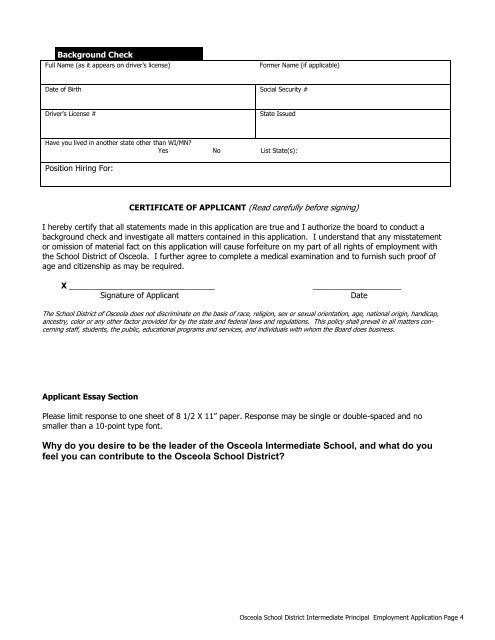 Osceola School District Intermediate Principal Employment Application