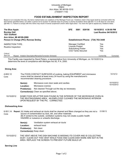 food establishment inspection report - OSEH - University of Michigan