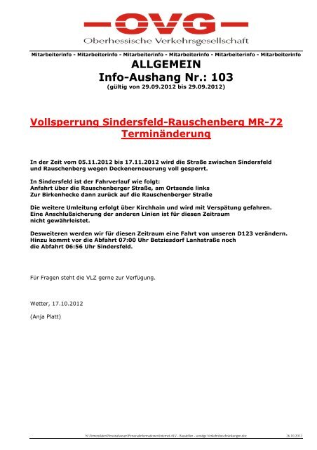 Personalinformation Info-Aushang Nr.: 101