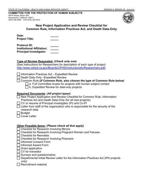 New Project Application and Review Checklist ... - State of California