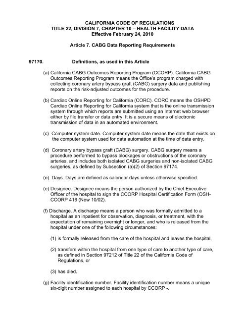 CALIFORNIA CODE OF REGULATIONS TITLE 22 DIVISION 7 