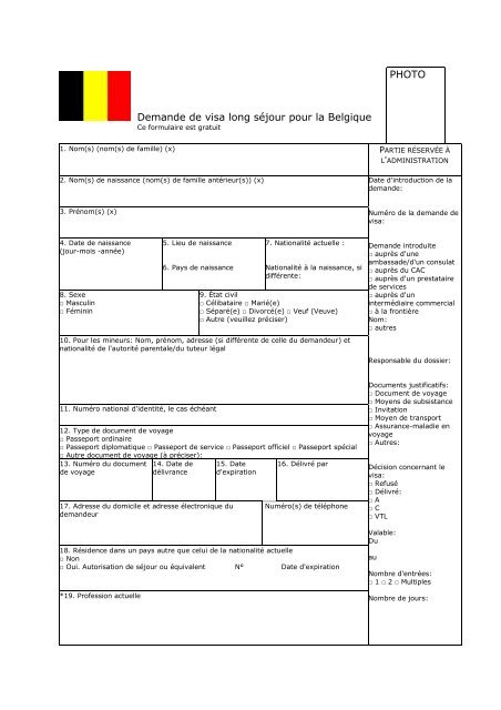 Formulaire demande de visa long séjour pour la Belgique