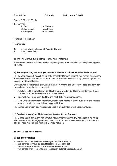 Protokoll der Exkursion 01/1 vom 6. Juni 2001