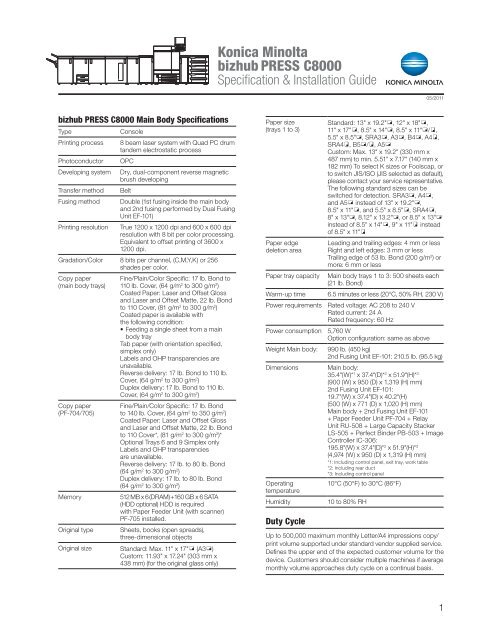 bizhub PRESS C8000 Specification & Installation Guide