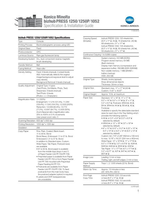 bizhub PRESS 1250/1250P/1052 Specification & Installation Guide