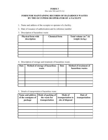 Form for Maintaining Records of Hazardous Waste by the occupier ...