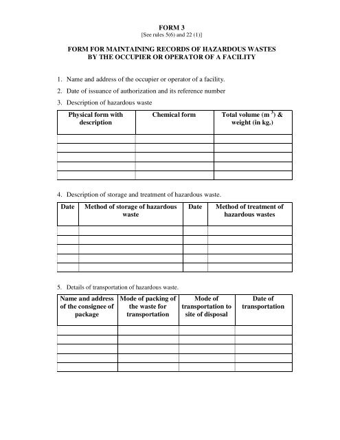 Form For Maintaining Records Of Hazardous Waste By The Occupier