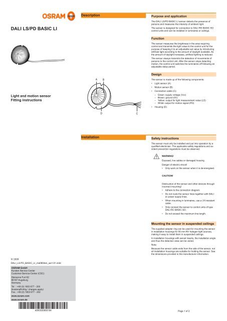 DALI LS/PD BASIC LI â Combined sensor for ceiling ... - Osram