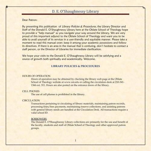 D. E. O'Shaughnessy Library Oblate School of Theology