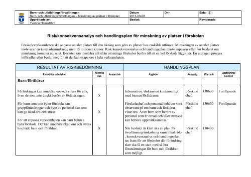 Risk/konsekvensanalys och handlingsplan fÃ¶r minskning av platser i ...