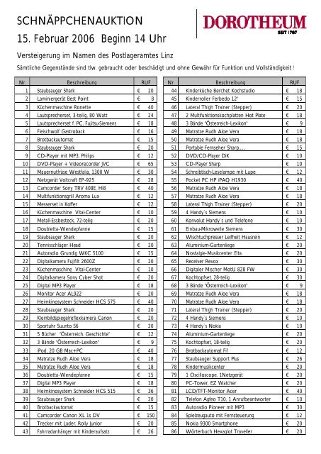 20060215 PLA Schnäppchenauktion Postenliste - Dorotheum