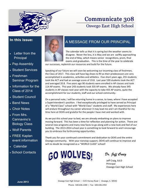 Dr. Jeff Craig A MESSAGE FROM OUR PRINCIPAL - Oswego ...