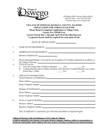 Tobacco License Application - Oswego Illinois