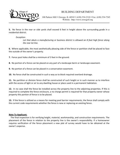 GENERAL INSTRUCTIONS FOR A FENCE PERMIT