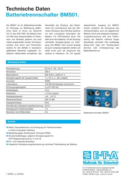 Technische Daten Batterietrennschalter BMS01. - ETA