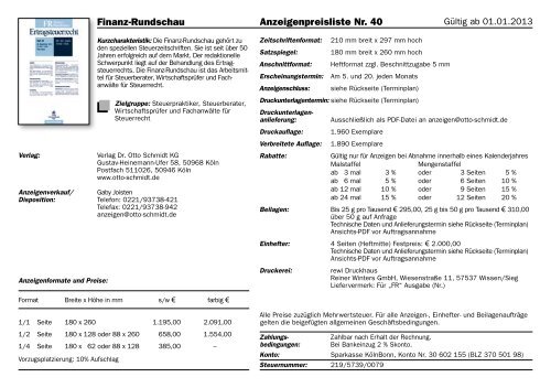 Finanz-Rundschau Anzeigenpreisliste Nr. 40 - Verlag Dr. Otto Schmidt