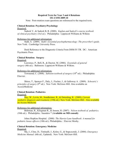Book List Ohio University College Of Osteopathic Medicine