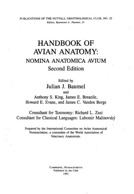handbook of avian nomina anatomica