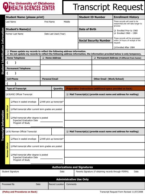 Transcript Request - University of Oklahoma Health Sciences Center