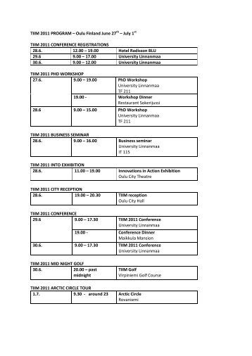 TIIM 2011 PROGRAM â Oulu Finland June 27th â July 1st TIIM 2011 ...