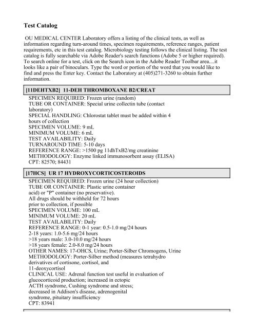 Printable Test Catalog - OU Medicine