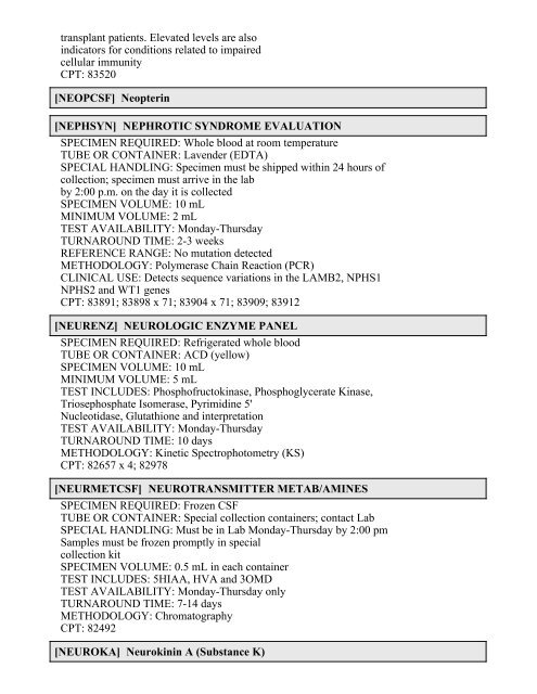 Printable Test Catalog - OU Medicine