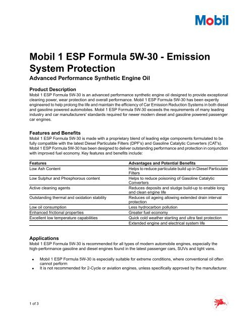 Mobil 1 ESP Formula 5W-30 - Emission System Protection