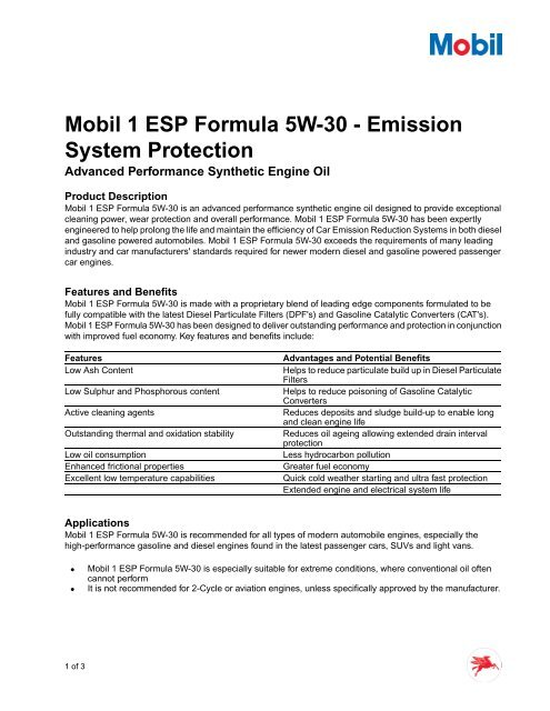 Unterschied Mobil 1 Esp Und Esp Formula Mobil 1 ESP Formula 5W-30 - Emission System Protection