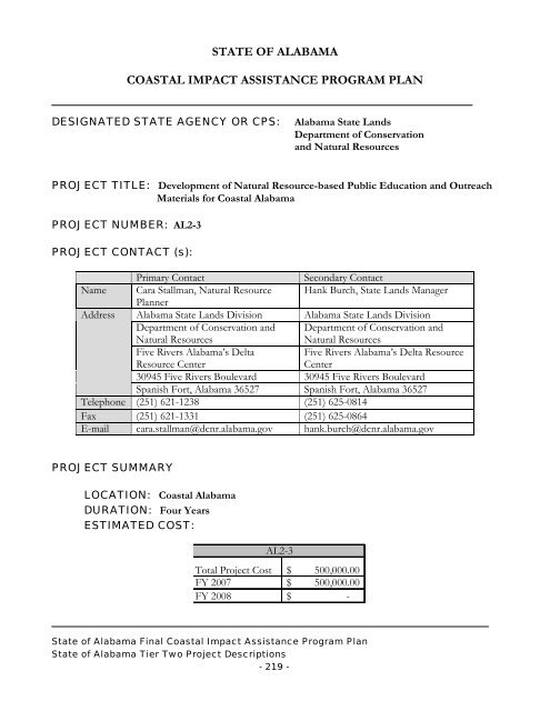 State of Alabama FINAL Coastal Impact Assistance Program (CIAP ...