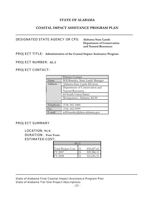 State of Alabama FINAL Coastal Impact Assistance Program (CIAP ...