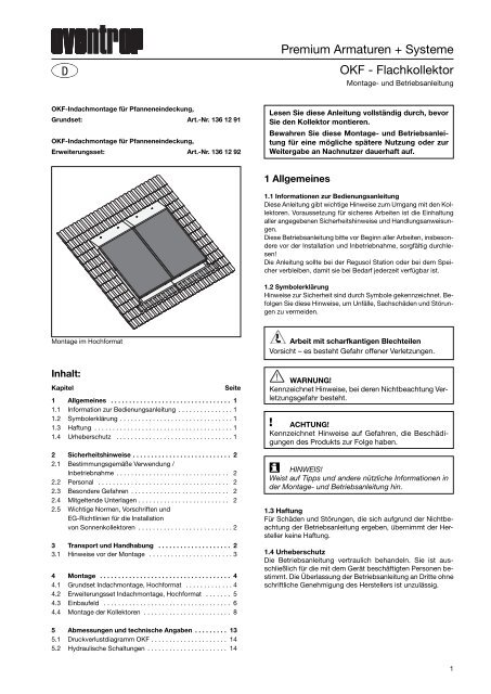 âOKFâ Flachkollektor - Indachmontage Pfanneneindeckung - Oventrop