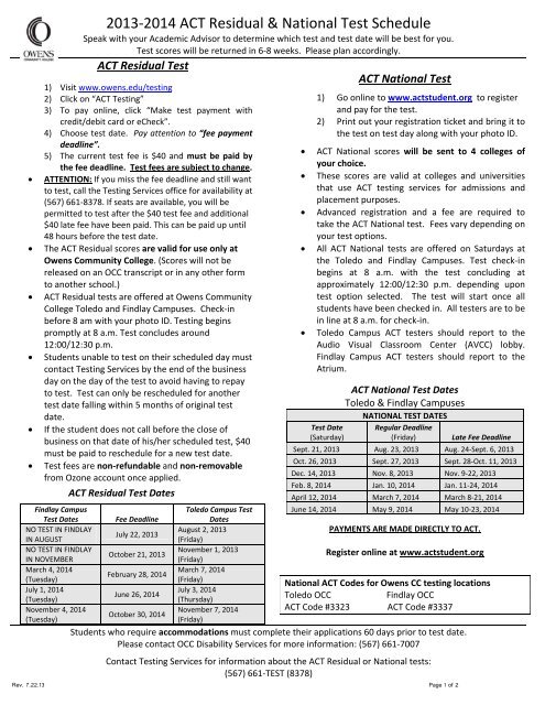 2012-2013 ACT Residual & National Test Schedule - Owens ...