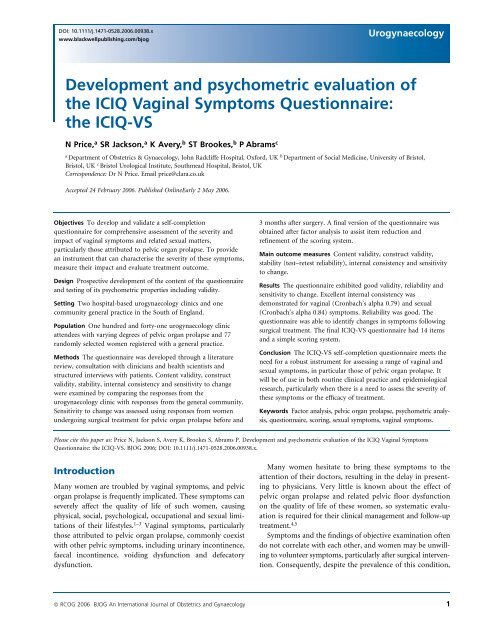 the ICIQ-VS - Oxford Gynaecology