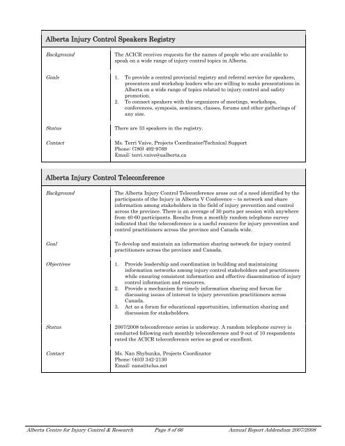 ACICR 2007 -2008 Annual Report Addendum - Alberta Centre for ...