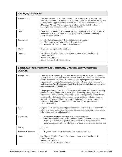 ACICR 2007 -2008 Annual Report Addendum - Alberta Centre for ...