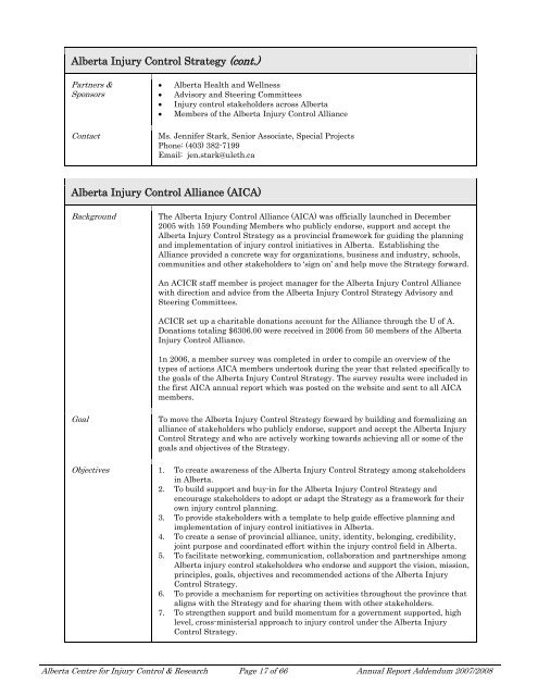 ACICR 2007 -2008 Annual Report Addendum - Alberta Centre for ...