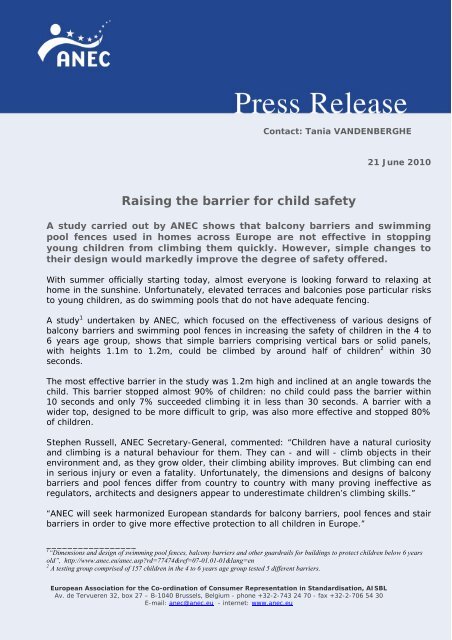 ANEC press release "Raising the barrier for child safety"