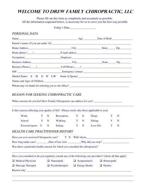 New Patient Entry Form: Adult - Drew Family Chiropractic, LLC