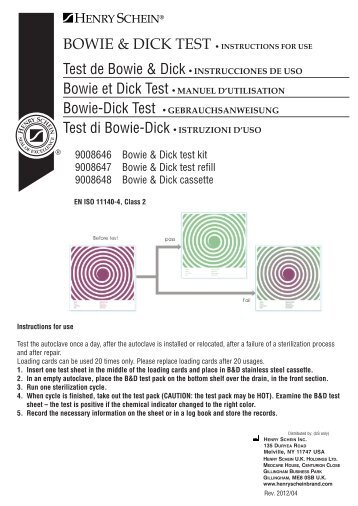 Bowie & Dick TesT â¢ INSTRUCTIONS FOR USE - Henry Schein ...