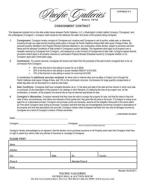 PACIFIC GALLERIES CONSIGNMENT CONTRACT