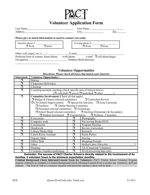 Volunteer Application Form - PACT Charter School