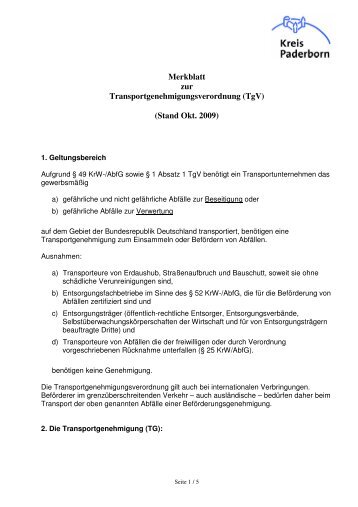 Merkblatt zur Transportgenehmigung Kreis PB