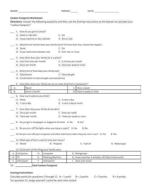 Carbon Footprint Worksheet